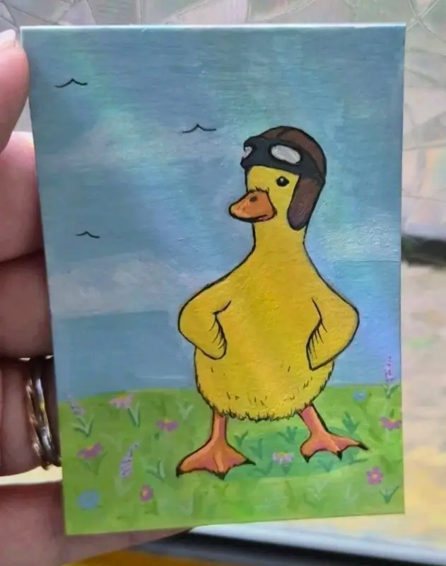 Ready for Flight Duckling, Duck, ACEO, Acrylic Paint Markers, Ink, by MN_Art aceo art card