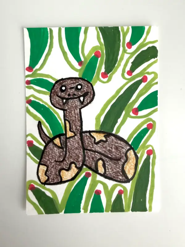 Snake in the Grass by Finn Mio, 8yrs old, Colored Pencil, Acrylic Marker, Ink aceo art card