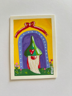 "Spring Gnome in a Home" Whimsical Gnome Tiny Art aceo art card thumbnail 1