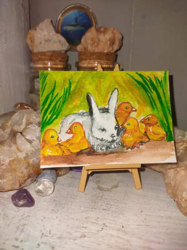 ACEO Original Art, Baby Animals, Chicks, Rabbits, Wildlife, Farm, Watercolors aceo art card