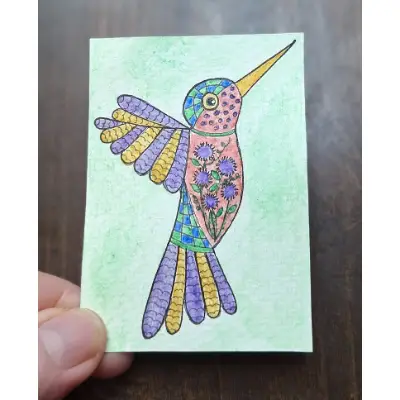 "Purple Blossom Hummingbird" aceo art card thumbnail 2