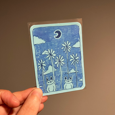original aceo floral bunny doodle 2/2 flowers rabbit sky moon clouds aceo art card thumbnail 2
