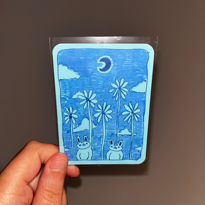 original aceo floral bunny doodle 2/2 flowers rabbit sky moon clouds aceo art card thumbnail 1