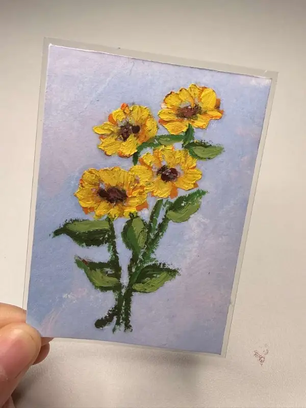 ACEO ORIGINAL, Abstract Oil Pastel Flowers, Sunflowers 02, New Signed Mini Art aceo art card