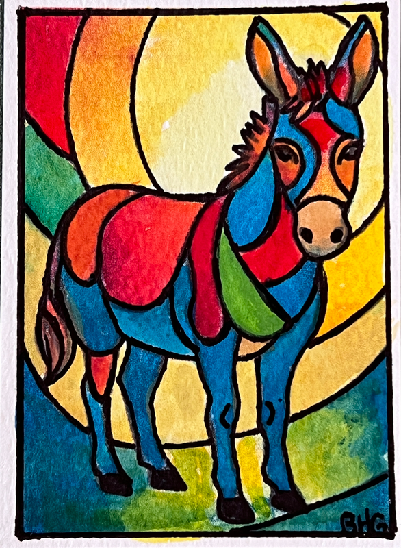 Rainbow Donkey aceo art card