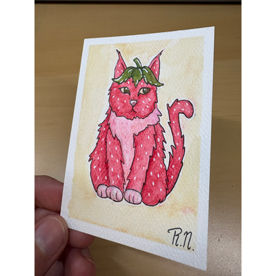 Strawberry cat aceo art card thumbnail 3