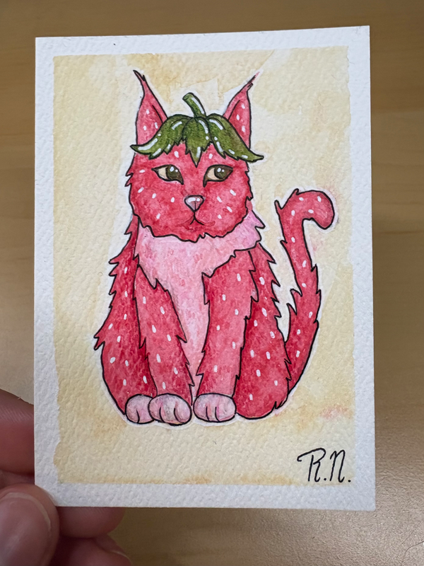 Strawberry cat aceo art card