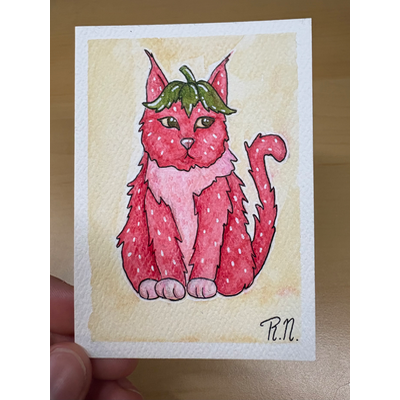 Strawberry cat aceo art card thumbnail 1