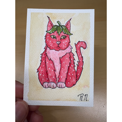 Strawberry cat aceo art card thumbnail 2
