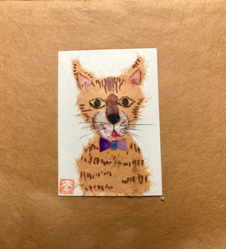 Japanese Washi art - Stinky, the orange tabby aceo art card