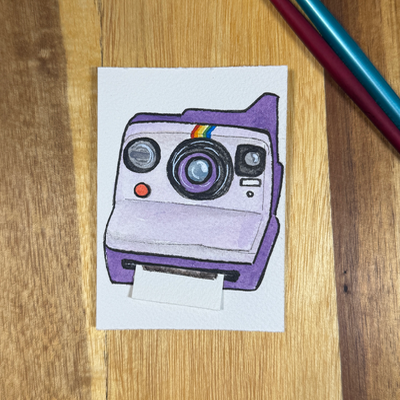 ACEO original, Camera, Polaroid, Now, Instant, Purple ,film, watercolor aceo art card thumbnail 5