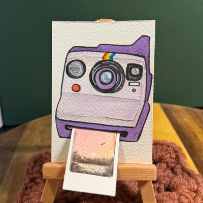 ACEO original, Camera, Polaroid, Now, Instant, Purple ,film, watercolor aceo art card thumbnail 1