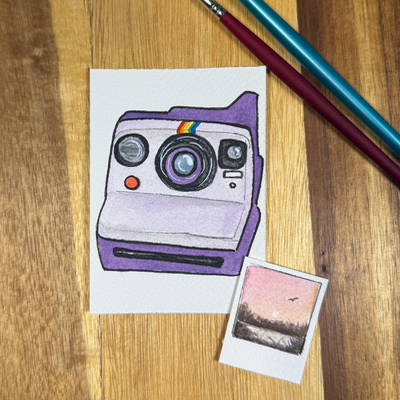 ACEO original, Camera, Polaroid, Now, Instant, Purple ,film, watercolor aceo art card thumbnail 4