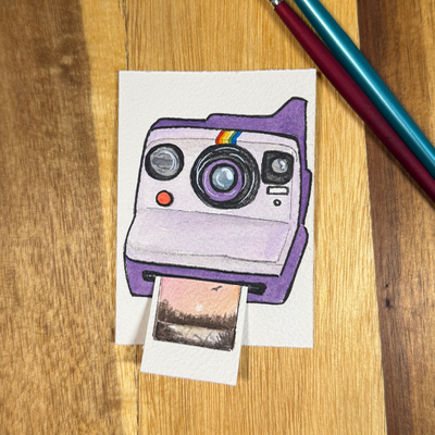 ACEO original, Camera, Polaroid, Now, Instant, Purple ,film, watercolor aceo art card thumbnail 3