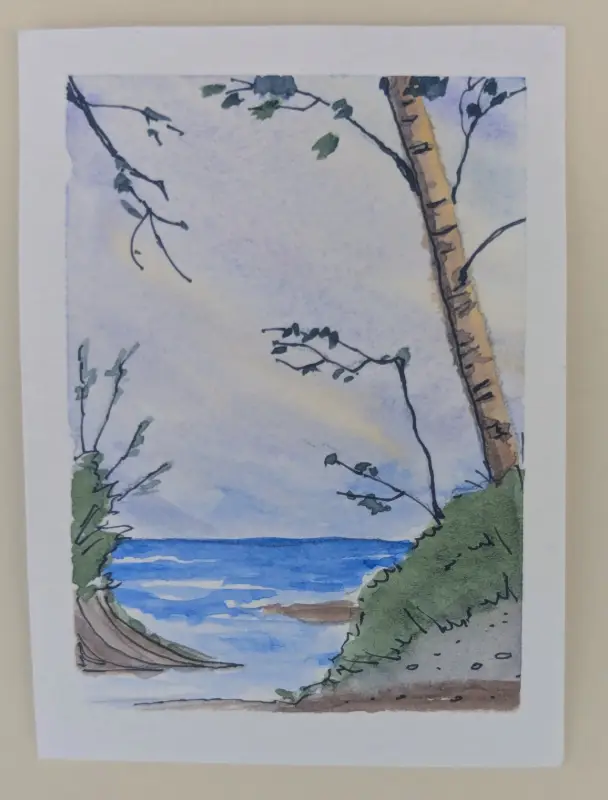 ACEO Original Watercolor Ocean Inlet Beech Tree Dawn Morning Sky aceo art card