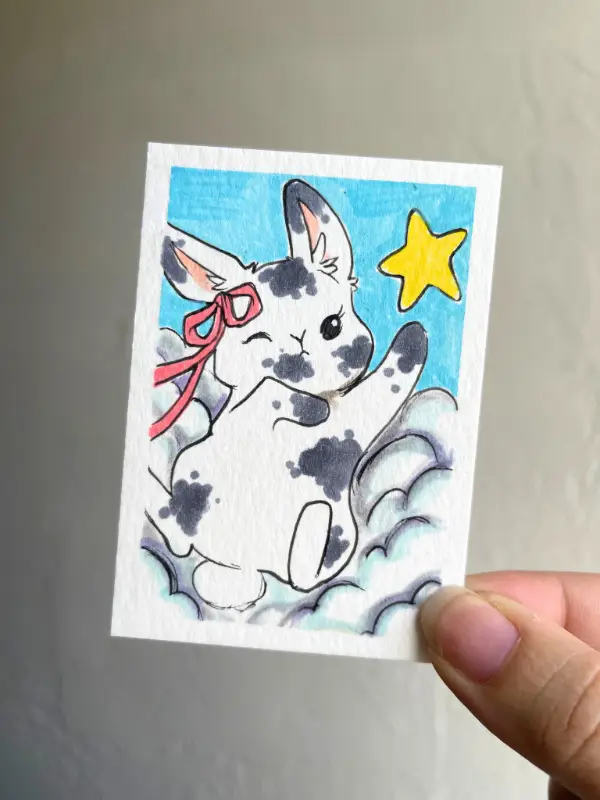 Bunny on a Cloud aceo art card