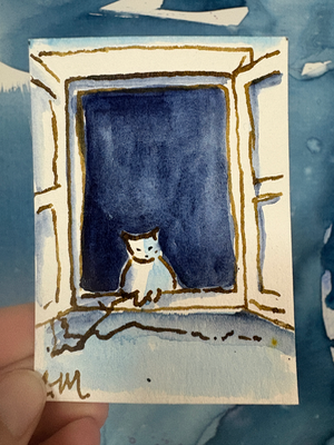 Cat at the window aceo art card thumbnail 2