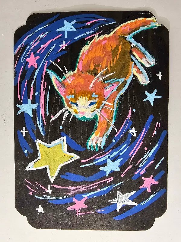 Monkey Cat Playing With Stars aceo art card