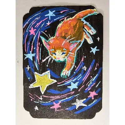 Monkey Cat Playing With Stars aceo art card thumbnail 1