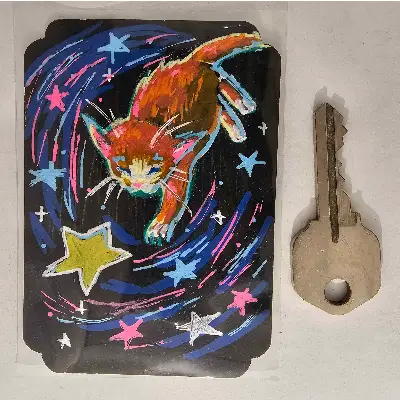 Monkey Cat Playing With Stars aceo art card thumbnail 2