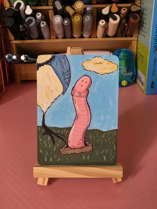 Defeated (Blue jay and earth worm) aceo art card