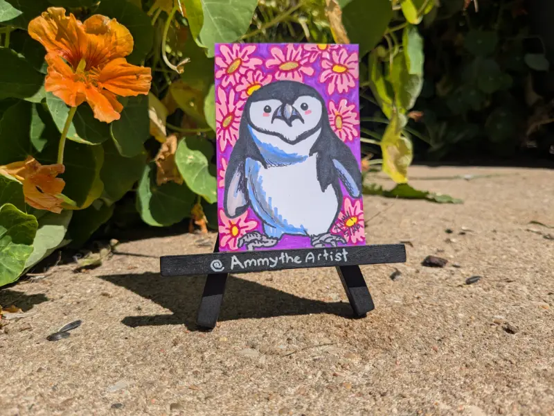 Chinstrap penguin and pink flowers aceo art card
