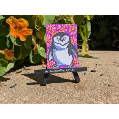 Chinstrap penguin and pink flowers aceo art card thumbnail 1