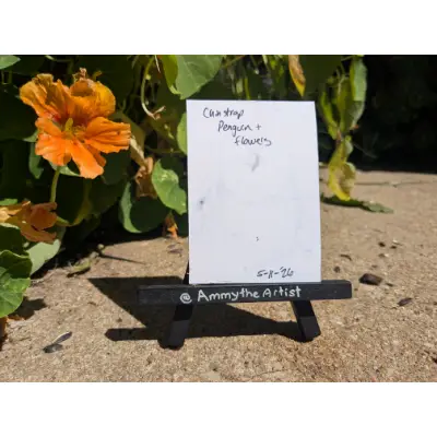 Chinstrap penguin and pink flowers aceo art card thumbnail 2