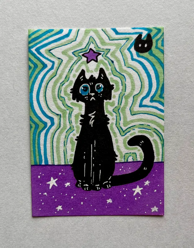 january black cat doodle series, 1/3 | pen, marker aceo art card