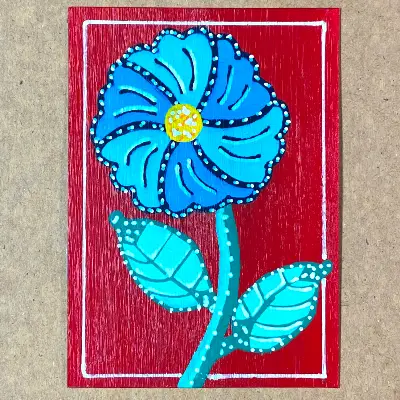 Whimsical Flower (blue on red) aceo art card thumbnail 1