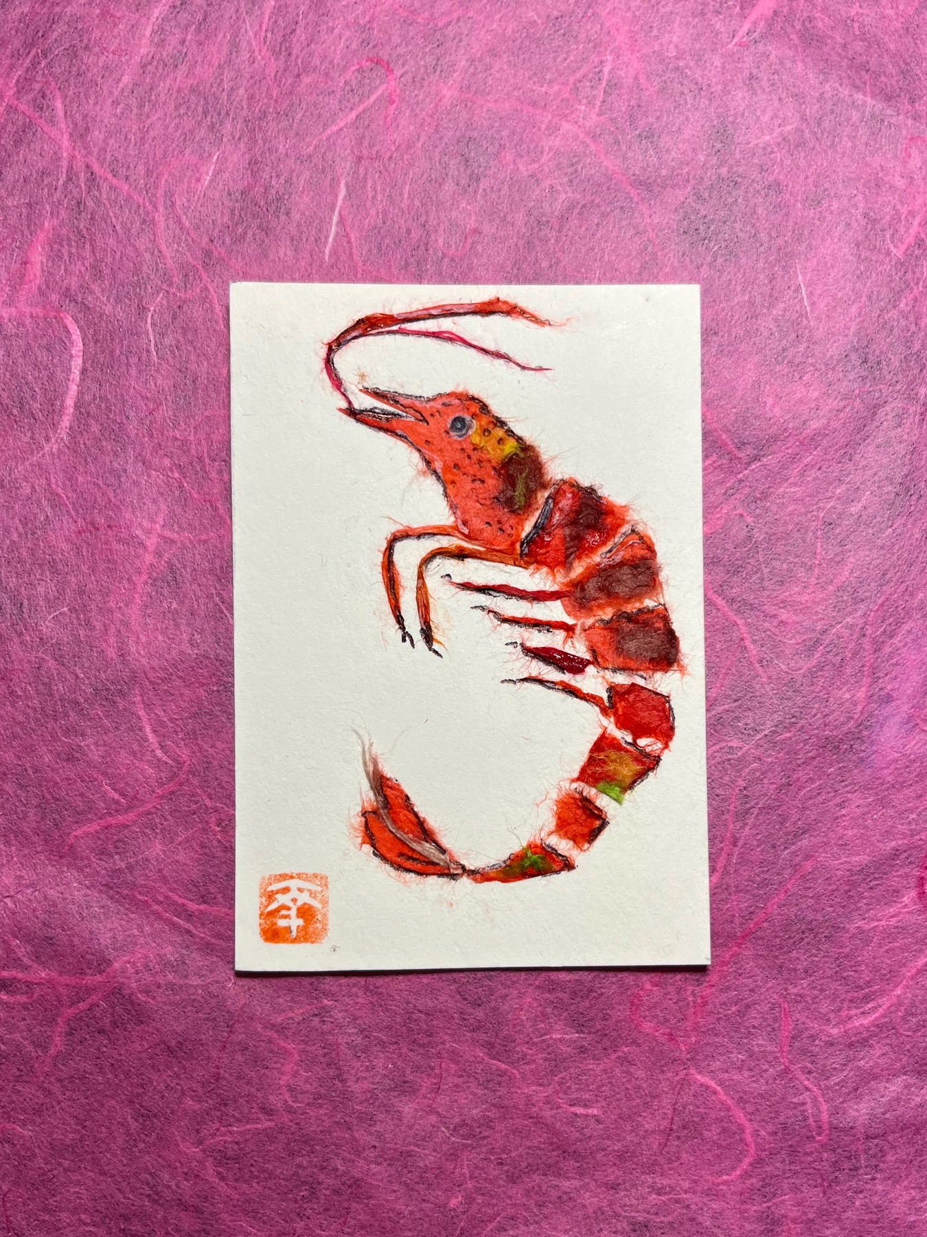 Shrimp-Japanese Washi art aceo art card