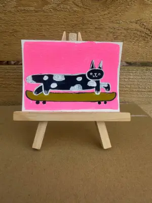 Skateboarding cat aceo art card thumbnail 1