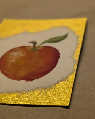 Hand Painted Fortune Apple on Calligraphy Paper - Gold Metallic Background aceo art card thumbnail 2
