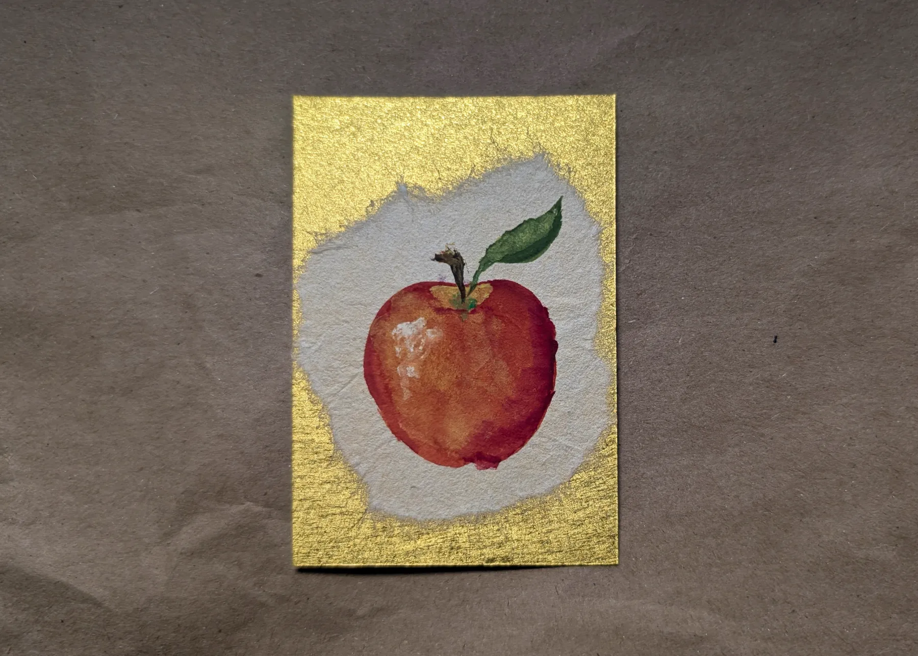 Hand Painted Fortune Apple on Calligraphy Paper - Gold Metallic Background aceo art card
