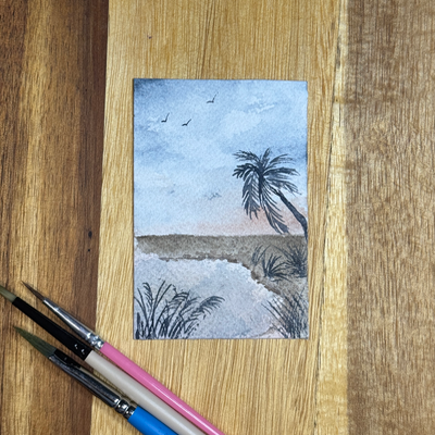 ACEO Watercolor, landscape original, Sky, beach, water, birds, ocean, palm, abstract, “Beach Cove” aceo art card thumbnail 3