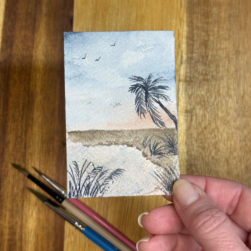 ACEO Watercolor, landscape original, Sky, beach, water, birds, ocean, palm, abstract, “Beach Cove” aceo art card