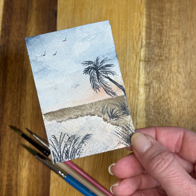 ACEO Watercolor, landscape original, Sky, beach, water, birds, ocean, palm, abstract, “Beach Cove” aceo art card thumbnail 2