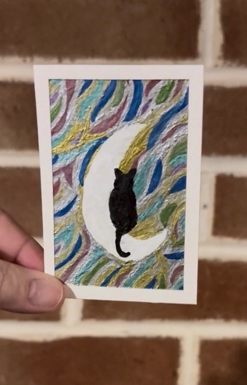 Black cat on Crescent Moon metallic galaxy By MoveMemeArt aceo art card