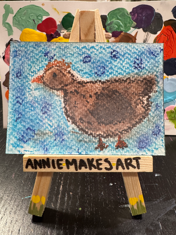 Brown Chicken on Blue aceo art card