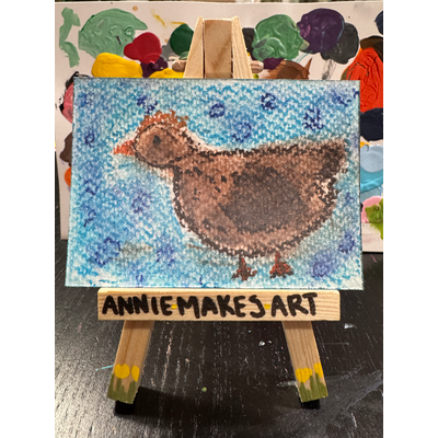 Brown Chicken on Blue aceo art card thumbnail 1