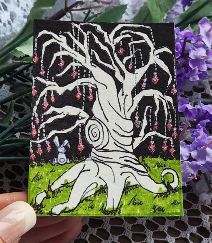 Petrified Tree with Garnets aceo art card