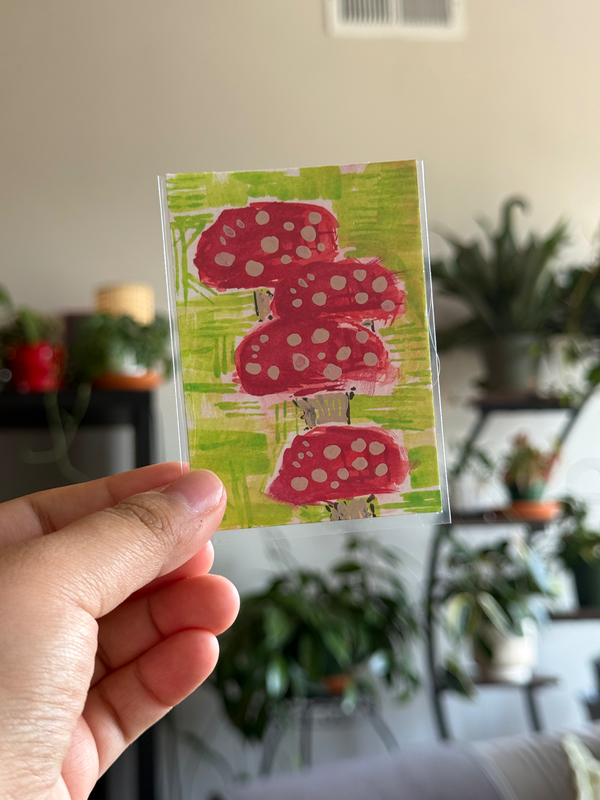 Popping mushrooms aceo art card