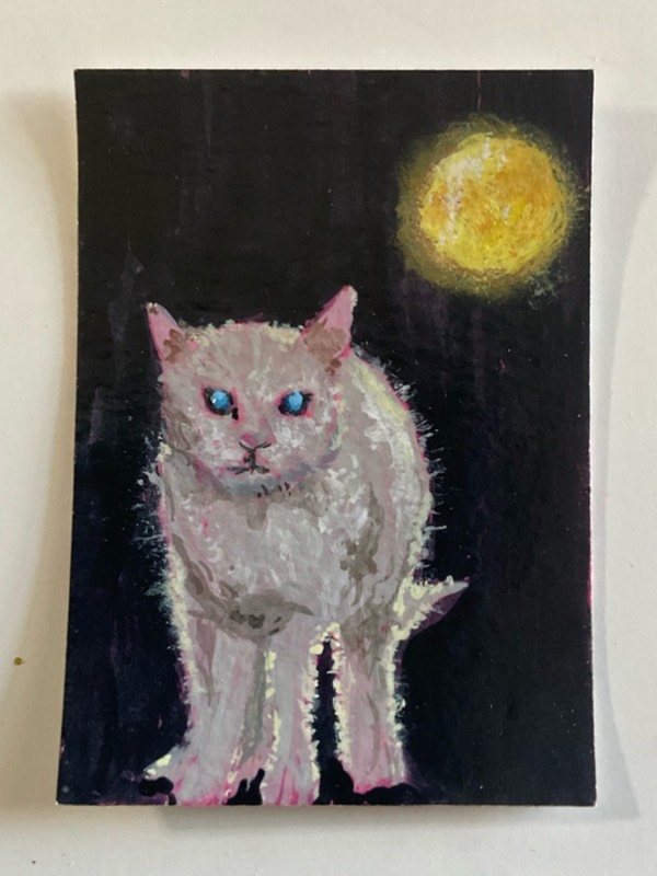 White Cat Full Moon aceo art card
