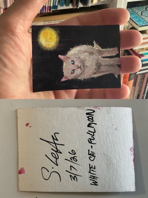 White Cat Full Moon aceo art card thumbnail 2